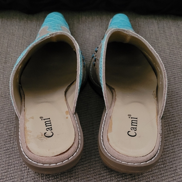 CAMI CAMEL TURQUOISE GENUINE LEATHER SOUTHWESTERN MULES - Picture 5 of 11